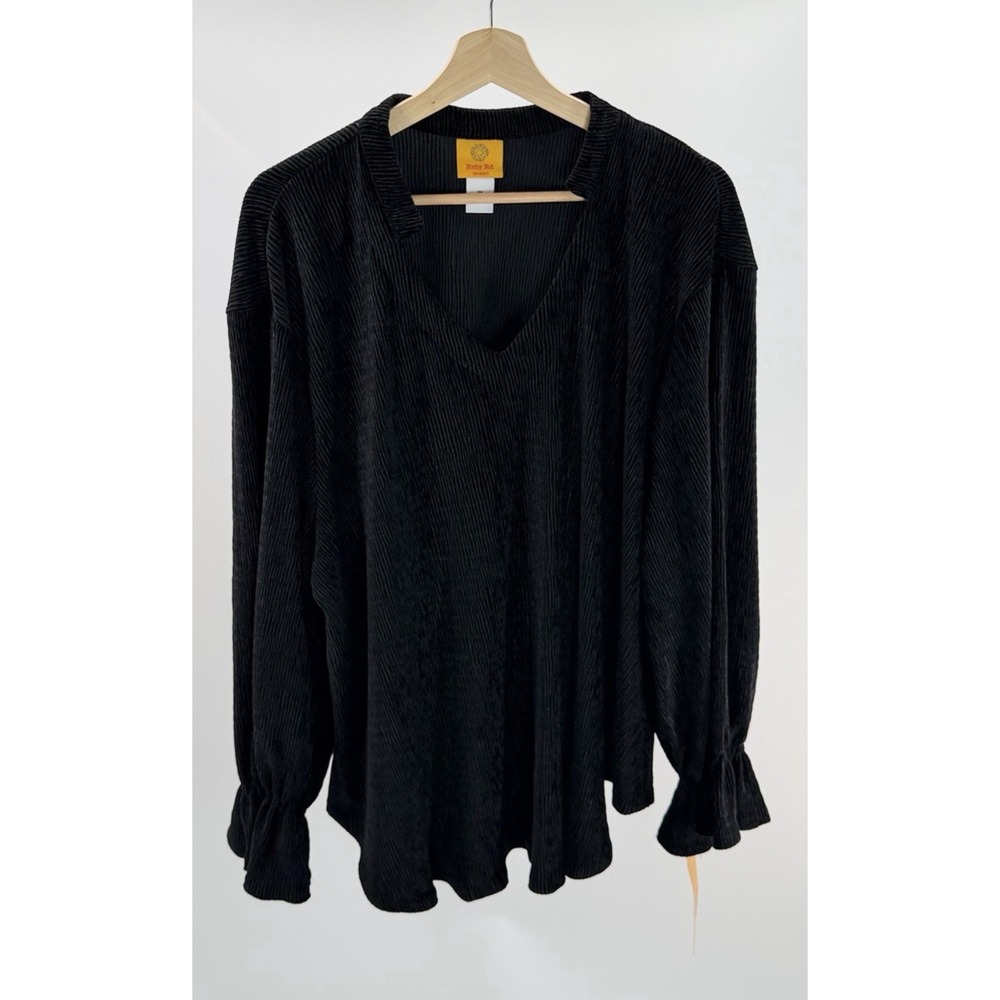 Ruby Rd Women's V Neck Smocked Black Velvet Long Sleeve Shirt Plus Size 3X